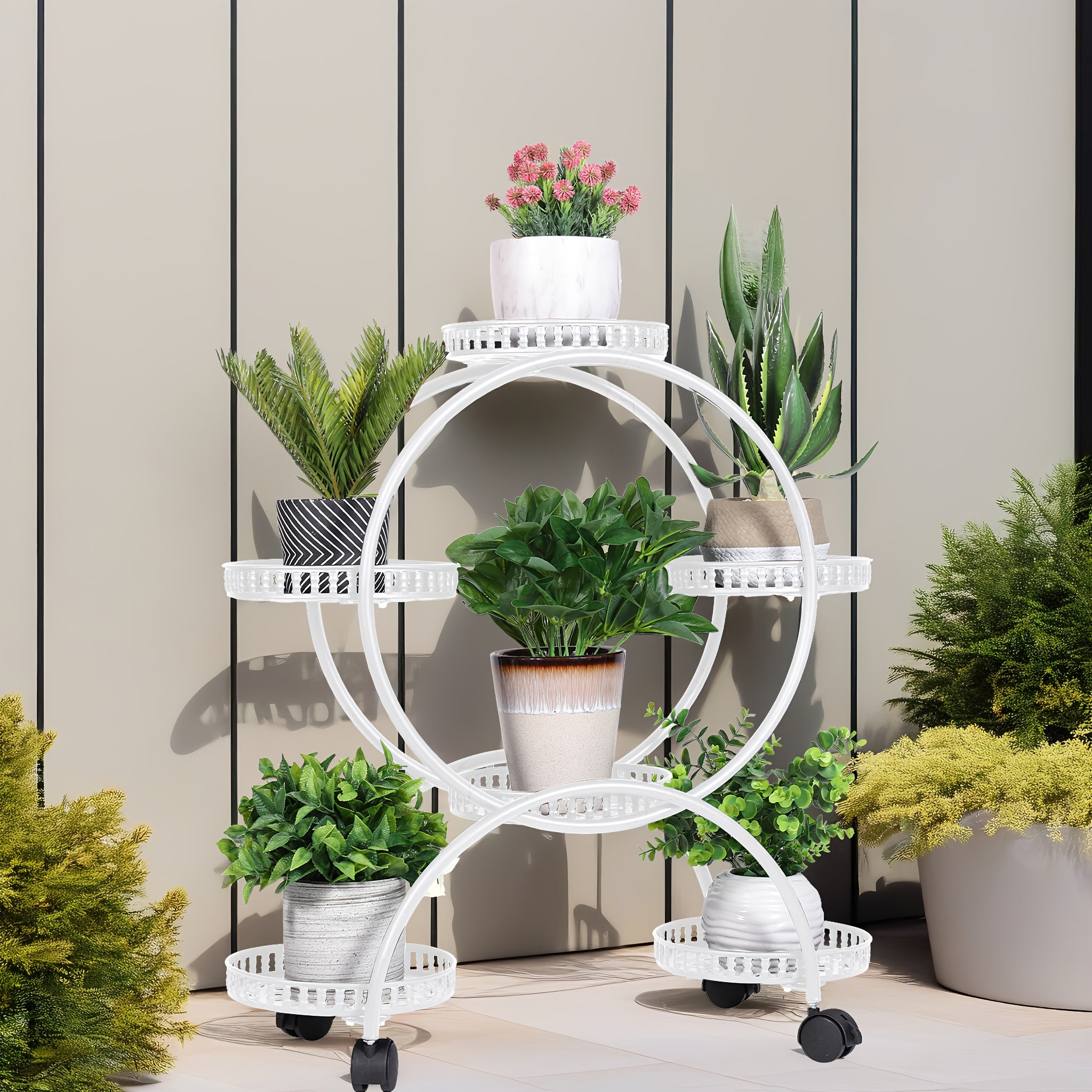 Potted Metal Plant Stand - 6 Garden Cart Wrought Iron Flower Pots Rack Holder Display Shelf with Wheels Patio Porch Balcony Dec