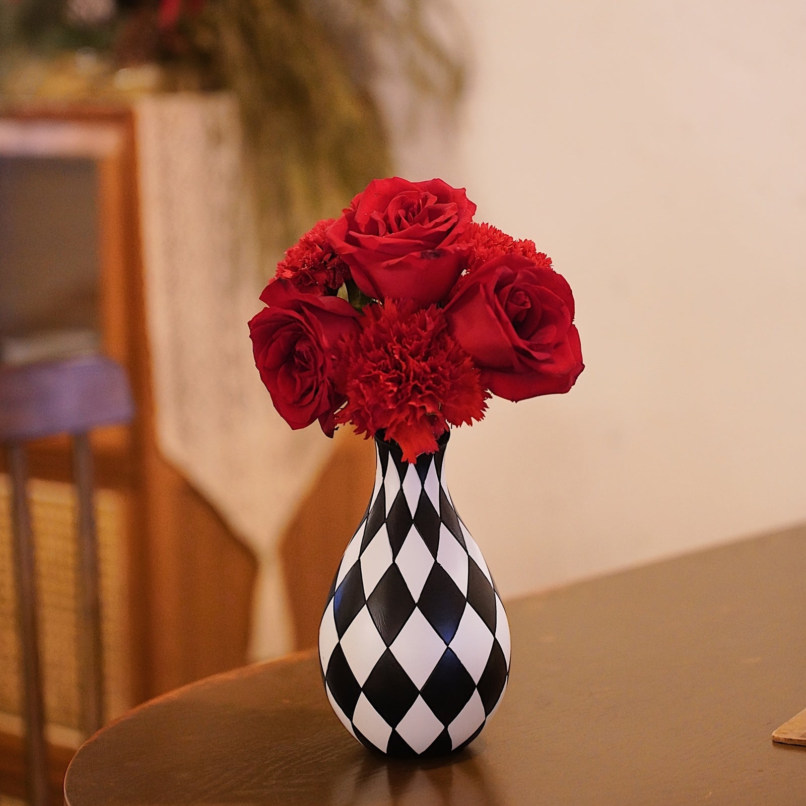 Black And White Vase, Mid Century Modern Striped Vases For Flower&pampas Grass Centerpiece, Black White Checkered Vase For Dining Table Kitchen Tabletop Minimalist Decorative