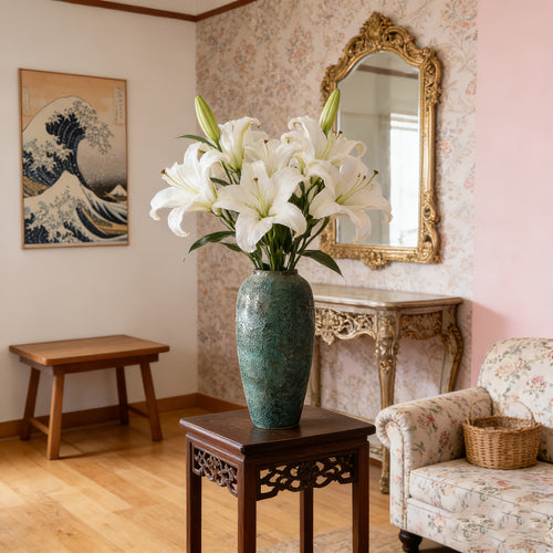 1 Teal Ceramic Vase, Large Cute Vase, Traditional Style, Rustic Style, Suitable for Pampas Grass, Home, Living Room, Dining Table, Farmhouse, Office Decoration, Bedroom, Table And Kitchen Shelves