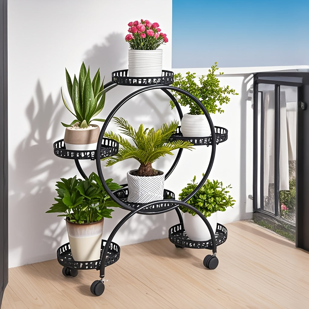 Potted Metal Plant Stand - 6 Garden Cart Wrought Iron Flower Pots Rack Holder Display Shelf with Wheels Patio Porch Balcony Dec