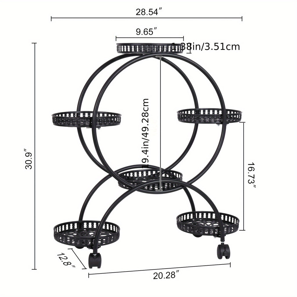 Potted Metal Plant Stand - 6 Garden Cart Wrought Iron Flower Pots Rack Holder Display Shelf with Wheels Patio Porch Balcony Dec