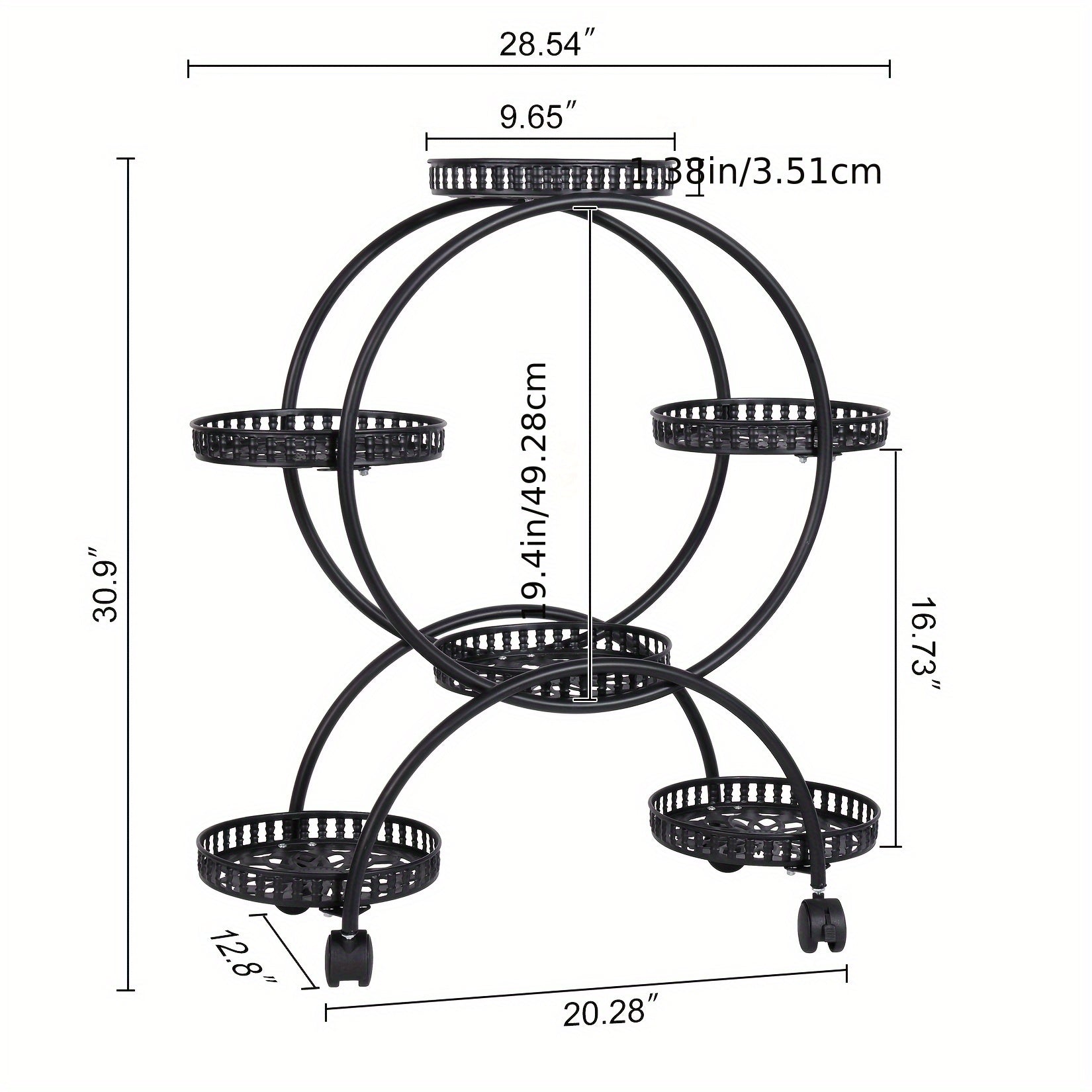Potted Metal Plant Stand - 6 Garden Cart Wrought Iron Flower Pots Rack Holder Display Shelf with Wheels Patio Porch Balcony Dec