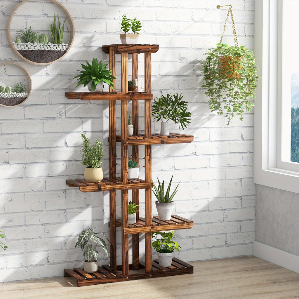 COSTWAY -Tier Wooden  Stand - Sturdy Fir  \u002FOutdoor Flower Rack with 6 Shelves, Easy Assembly  Balcony, , Living Room - Space-Saving Vertical Design for Multiple Pots, Indoor Plant Display, Natural Wood Finish, Durable Construction, Home