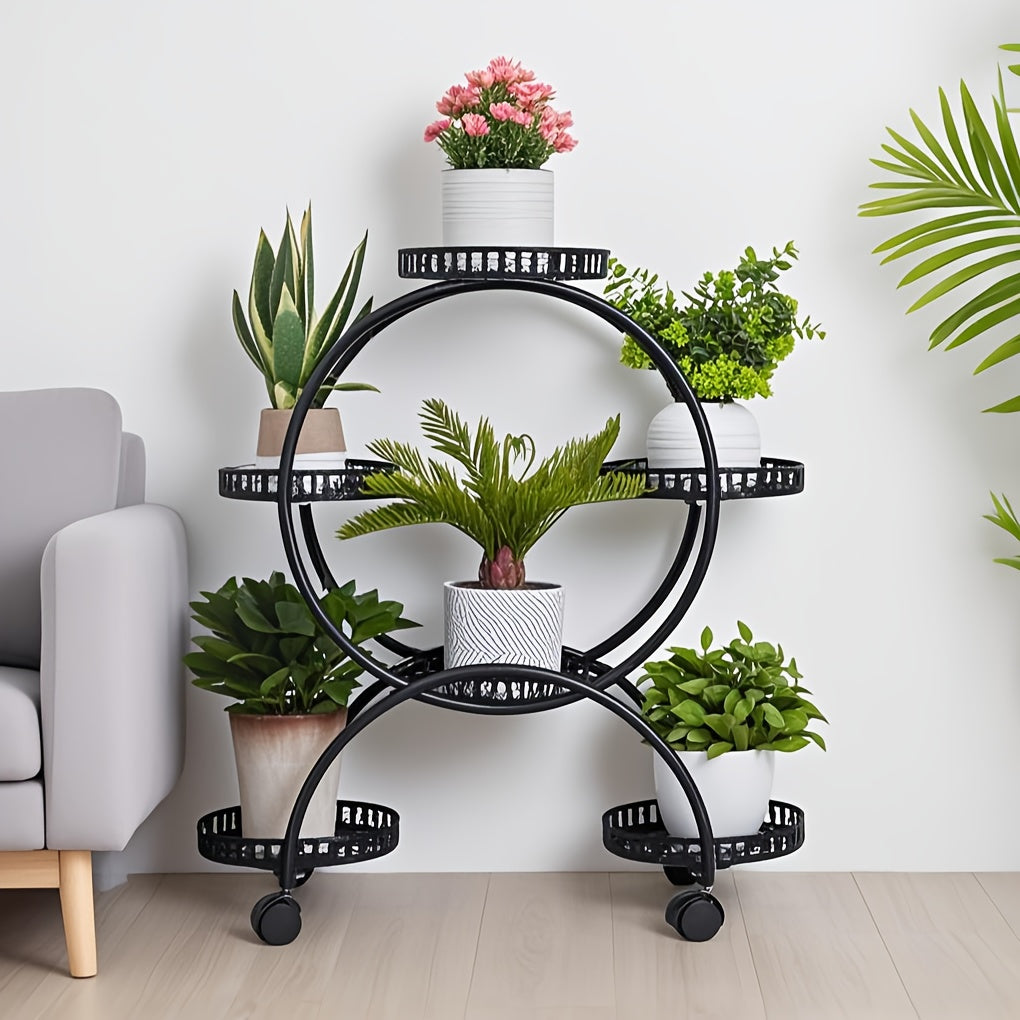 Potted Metal Plant Stand - 6 Garden Cart Wrought Iron Flower Pots Rack Holder Display Shelf with Wheels Patio Porch Balcony Dec