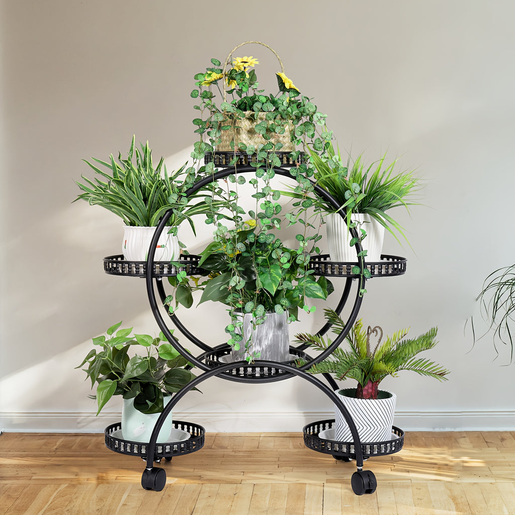 Potted Metal Plant Stand - 6 Garden Cart Wrought Iron Flower Pots Rack Holder Display Shelf with Wheels Patio Porch Balcony Dec