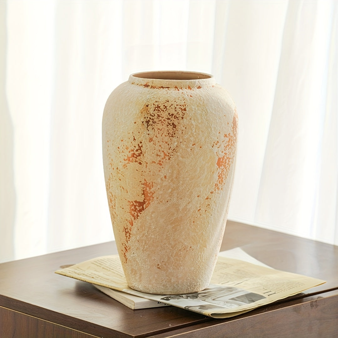 1pc Vintage American Rustic Distressed Stoneware Vase | Large Ceramic Flower Pot For Arrangements | Zen-Style Decor For Entryway, Living Room & Outdoor Spaces