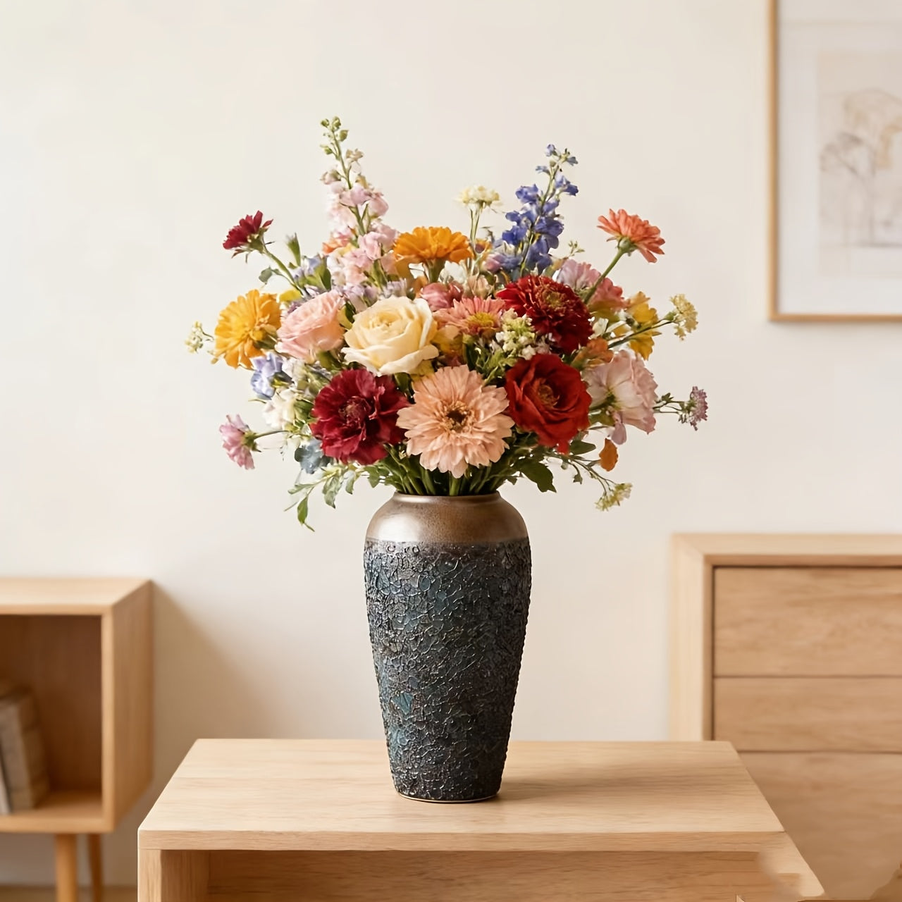 1 Teal Ceramic Vase, Large Cute Vase, Traditional Style, Rustic Style, Suitable for Pampas Grass, Home, Living Room, Dining Table, Farmhouse, Office Decoration, Bedroom, Table And Kitchen Shelves