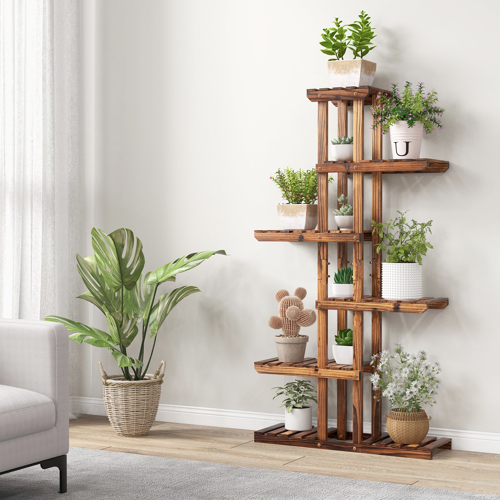COSTWAY -Tier Wooden  Stand - Sturdy Fir  \u002FOutdoor Flower Rack with 6 Shelves, Easy Assembly  Balcony, , Living Room - Space-Saving Vertical Design for Multiple Pots, Indoor Plant Display, Natural Wood Finish, Durable Construction, Home