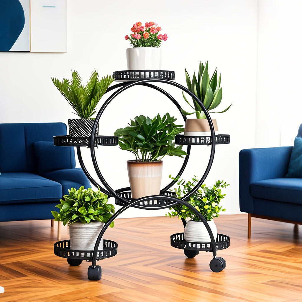 Potted Metal Plant Stand - 6 Garden Cart Wrought Iron Flower Pots Rack Holder Display Shelf with Wheels Patio Porch Balcony Dec