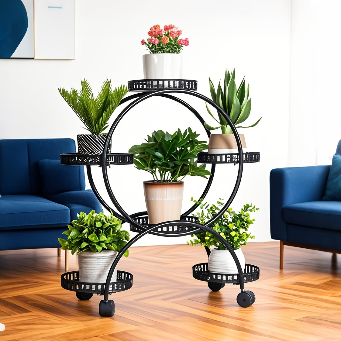 Potted Metal Plant Stand - 6 Garden Cart Wrought Iron Flower Pots Rack Holder Display Shelf with Wheels Patio Porch Balcony Dec