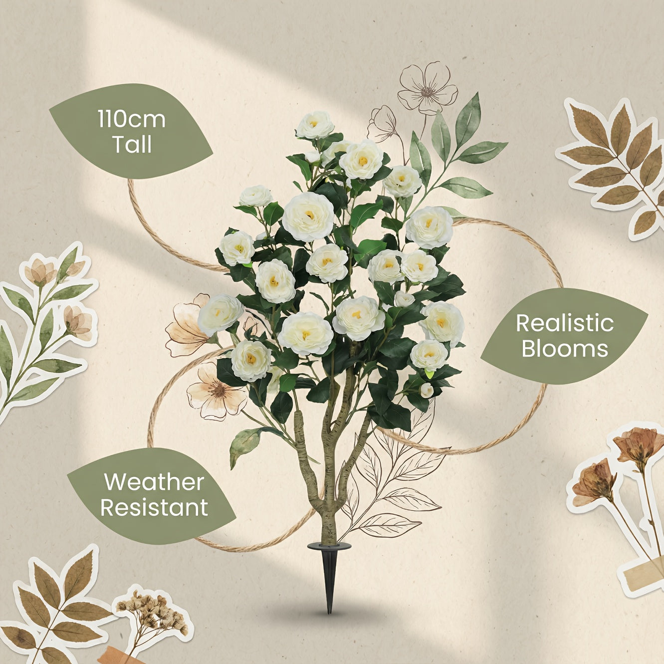 Realistic Artificial Camellia Tree with White Flowers & Green Leaves - 39.37inch Tall Faux Flowering Tree Suitable for Indoor\u002FOutdoor Use, Easy-Spike Base Installation, Low-Maintenance Year-Round Beauty - Plastic for Home, Garden,, Events