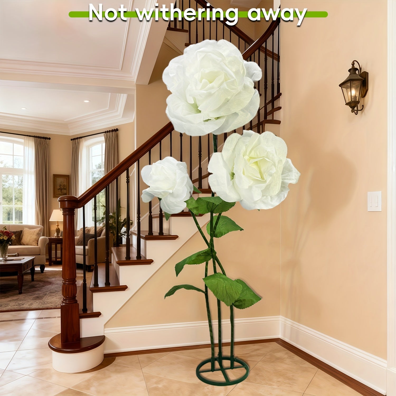 Pure Love Romantic Valentine's Day - 6.3ft Giant Artificial White Roses Flowers with Stand - Set Of 3 Realistic Large Fake Rose Decor for Wedding Arch Backdrop, Garden, Courtyard, Home, Living Room, Party, Graduation & Shop Window Display