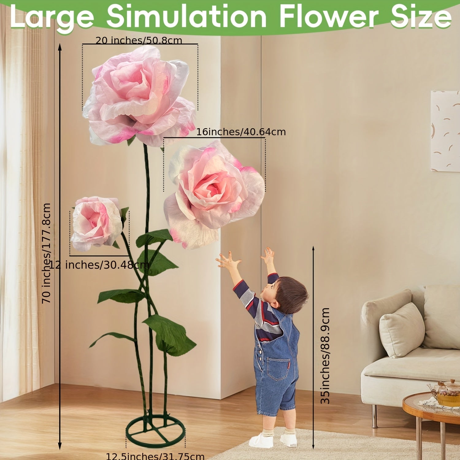 Pure Love Romantic Valentine's Day - 6.3ft Giant Artificial White Roses Flowers with Stand - Set Of 3 Realistic Large Fake Rose Decor for Wedding Arch Backdrop, Garden, Courtyard, Home, Living Room, Party, Graduation & Shop Window Display