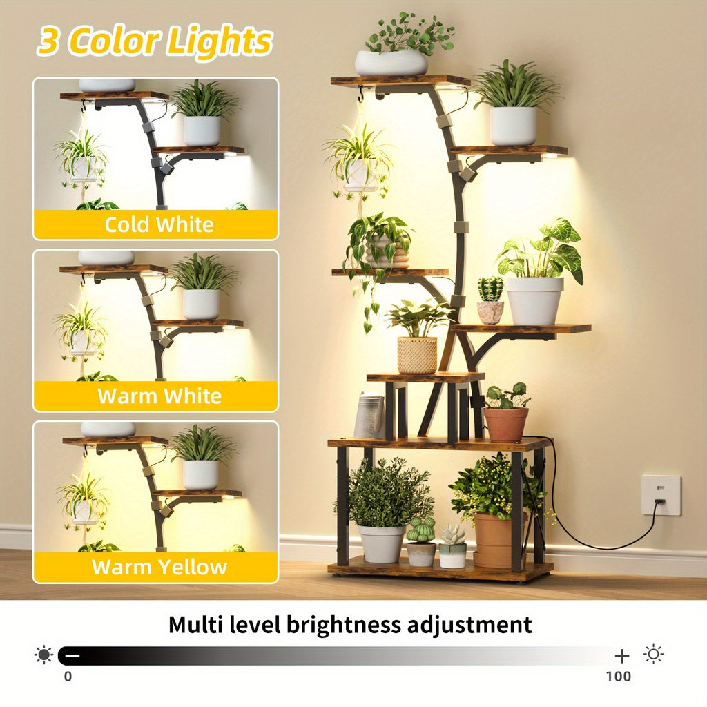 TOMNK  , Outdoor  Rack,    with Grow Lights, 50'' Tall Corner  Shelf, 7-Tiered Metal Flower Holder  Various Indoor Plants, Illuminated Tree-Shaped Plant Display Stand for Home, Patio,