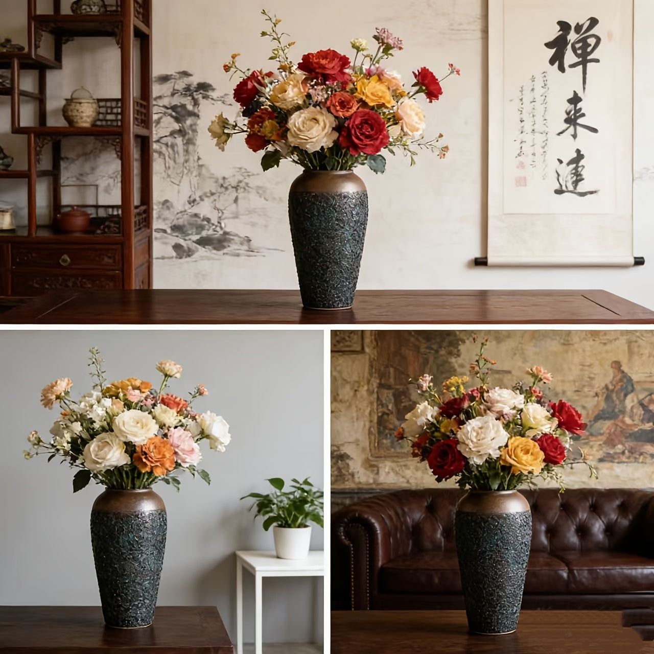 1 Teal Ceramic Vase, Large Cute Vase, Traditional Style, Rustic Style, Suitable for Pampas Grass, Home, Living Room, Dining Table, Farmhouse, Office Decoration, Bedroom, Table And Kitchen Shelves