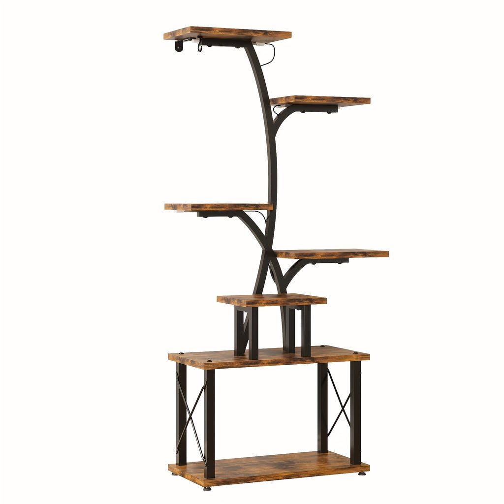 TOMNK  , Outdoor  Rack,    with Grow Lights, 50'' Tall Corner  Shelf, 7-Tiered Metal Flower Holder  Various Indoor Plants, Illuminated Tree-Shaped Plant Display Stand for Home, Patio,