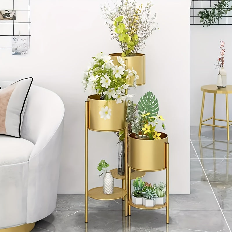 Tier Golden Flower Pot - -Tier Golden Stand with 3 Built- Pots & Mesh Trays | Foldable Corner Flower Pot Holder for Indoor\u0