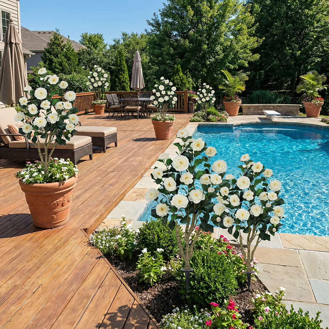 Realistic Artificial Camellia Tree with White Flowers & Green Leaves - 39.37inch Tall Faux Flowering Tree Suitable for Indoor\u002FOutdoor Use, Easy-Spike Base Installation, Low-Maintenance Year-Round Beauty - Plastic for Home, Garden,, Events