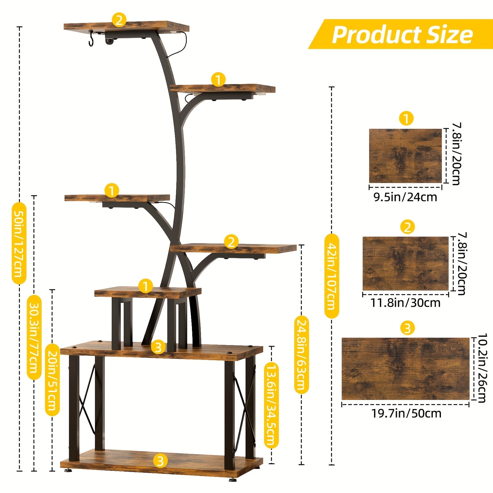 TOMNK  , Outdoor  Rack,    with Grow Lights, 50'' Tall Corner  Shelf, 7-Tiered Metal Flower Holder  Various Indoor Plants, Illuminated Tree-Shaped Plant Display Stand for Home, Patio,