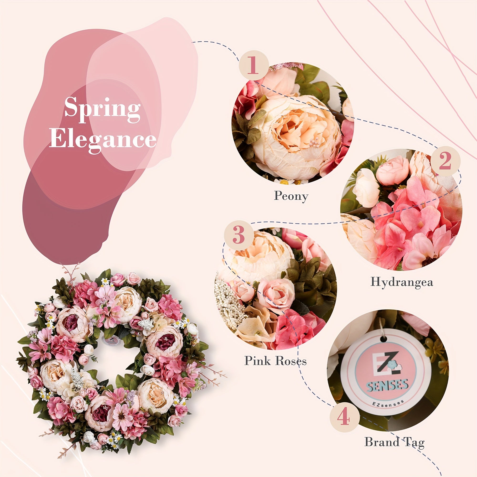 Peony Wreath 18'' Pink Elegant Spring Wreaths for Front Door, Artificial Large Floral Wreath for Wall Home Decor, Indoor Outdoor Window Decor Door Wedding Birthday Party Decoration