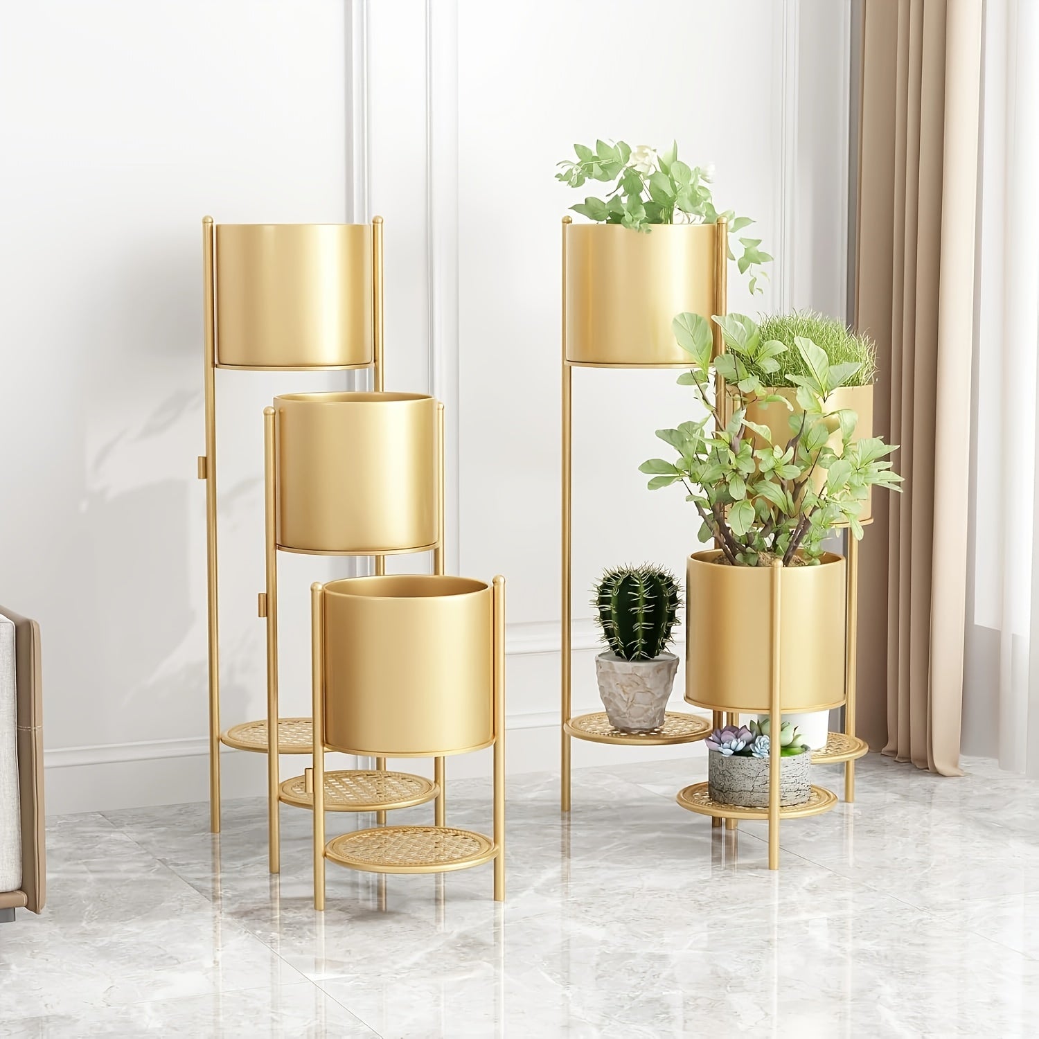 Tier Golden Flower Pot - -Tier Golden Stand with 3 Built- Pots & Mesh Trays | Foldable Corner Flower Pot Holder for Indoor\u0