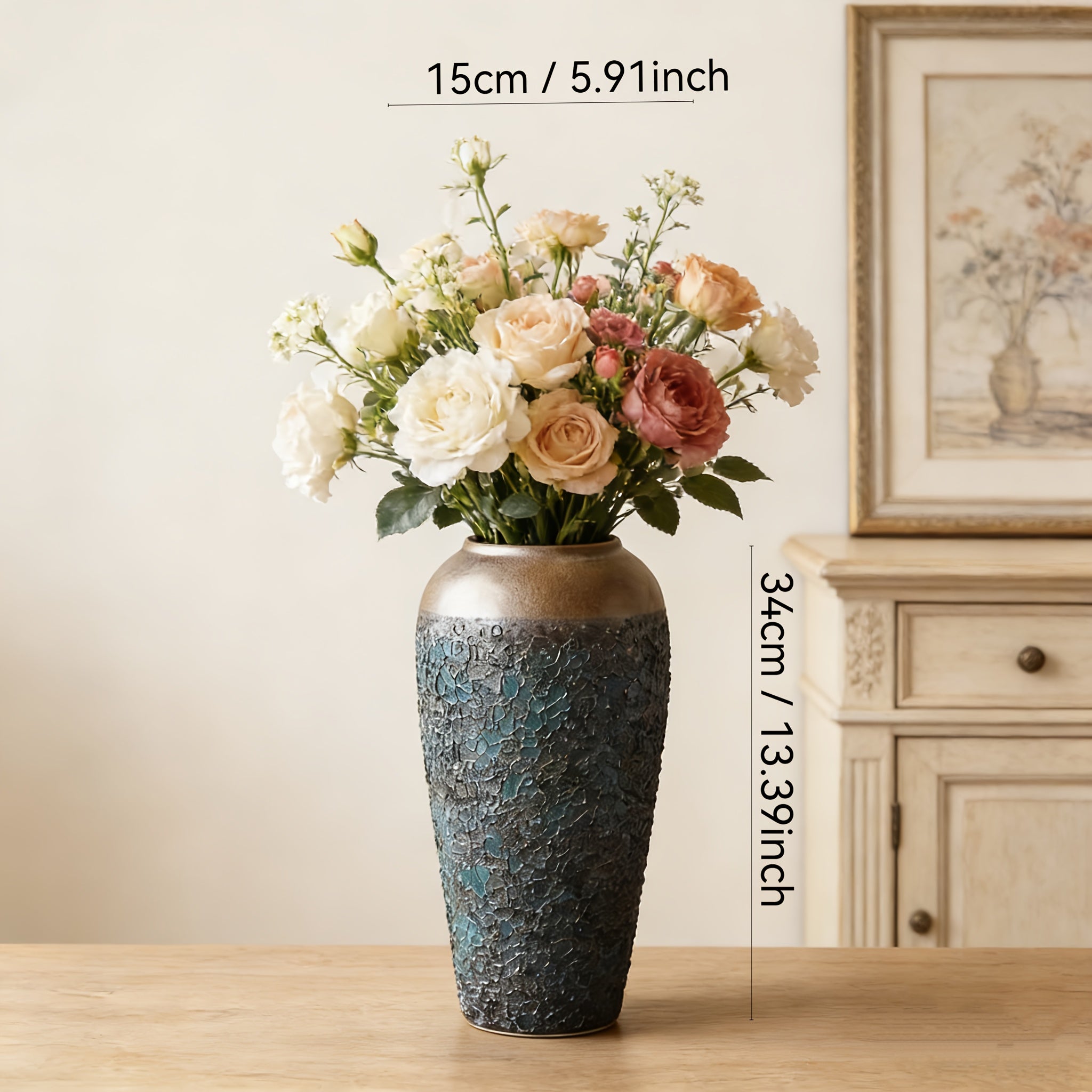 1 Teal Ceramic Vase, Large Cute Vase, Traditional Style, Rustic Style, Suitable for Pampas Grass, Home, Living Room, Dining Table, Farmhouse, Office Decoration, Bedroom, Table And Kitchen Shelves