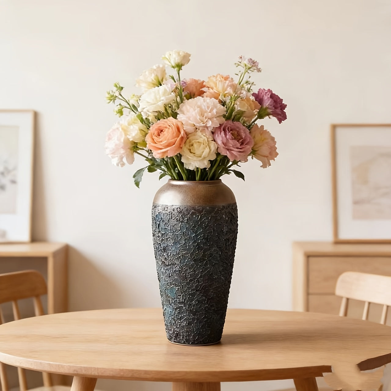 1 Teal Ceramic Vase, Large Cute Vase, Traditional Style, Rustic Style, Suitable for Pampas Grass, Home, Living Room, Dining Table, Farmhouse, Office Decoration, Bedroom, Table And Kitchen Shelves