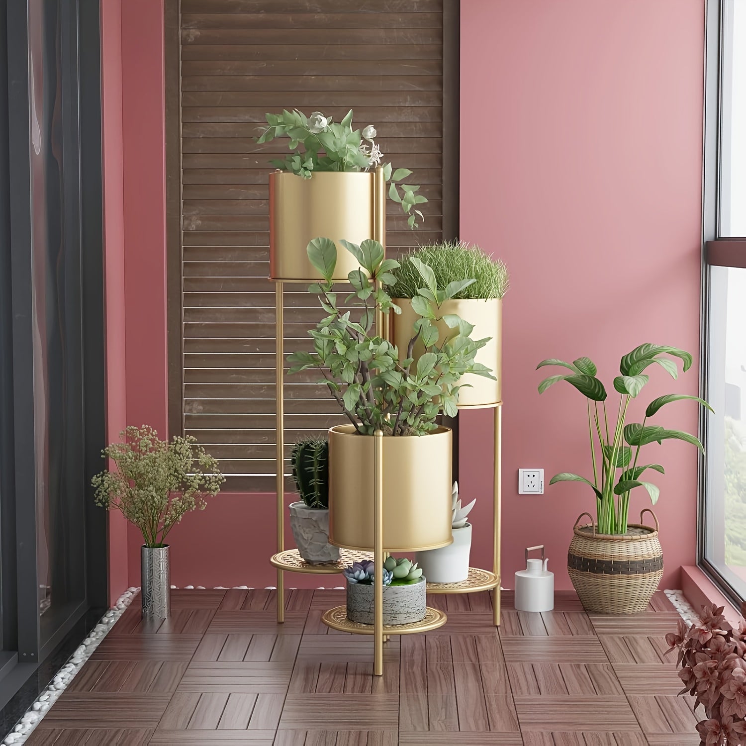 Tier Golden Flower Pot - -Tier Golden Stand with 3 Built- Pots & Mesh Trays | Foldable Corner Flower Pot Holder for Indoor\u0