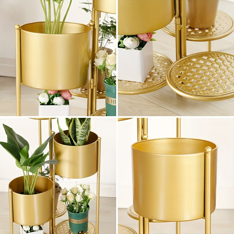 Tier Golden Flower Pot - -Tier Golden Stand with 3 Built- Pots & Mesh Trays | Foldable Corner Flower Pot Holder for Indoor\u0