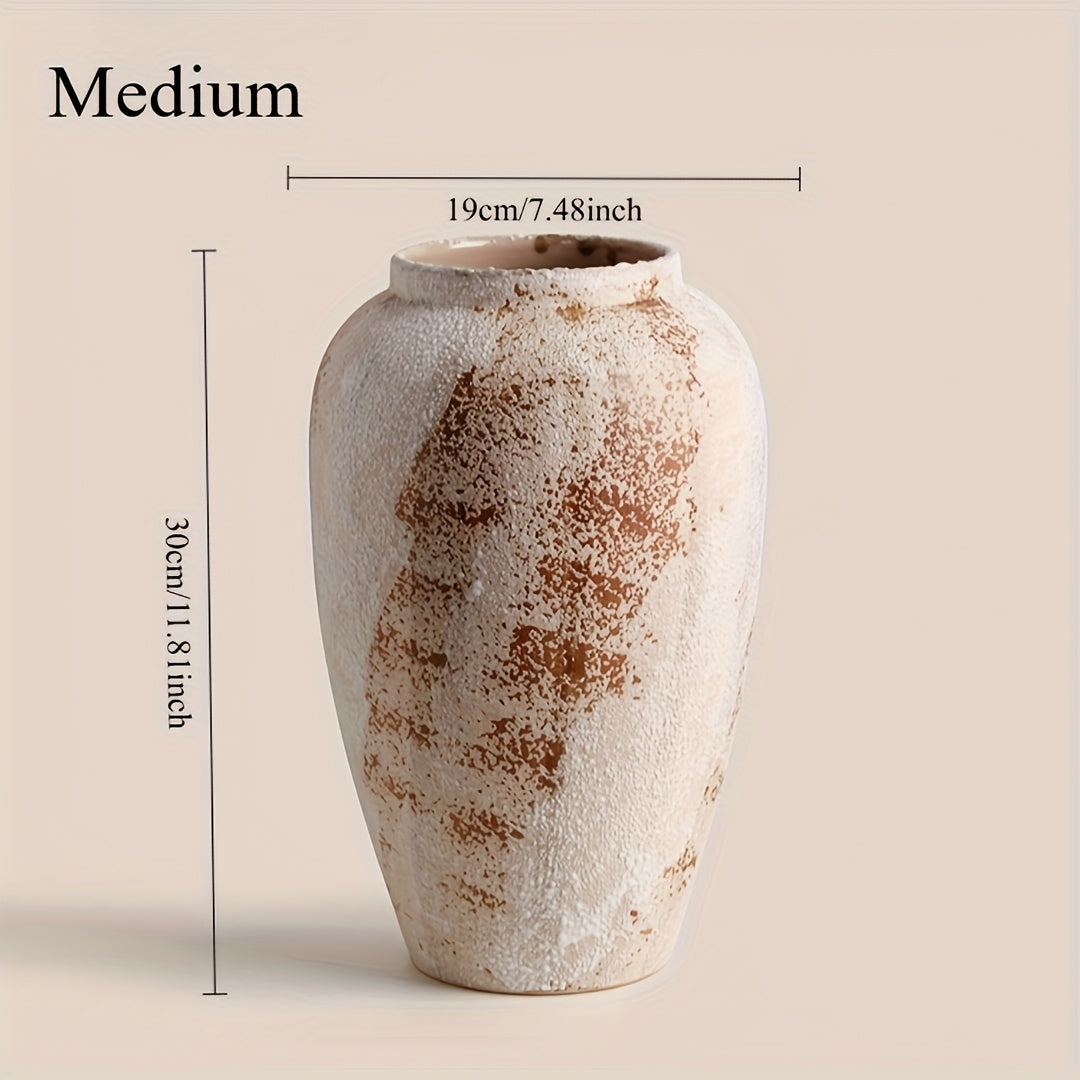 1pc Vintage American Rustic Distressed Stoneware Vase | Large Ceramic Flower Pot For Arrangements | Zen-Style Decor For Entryway, Living Room & Outdoor Spaces