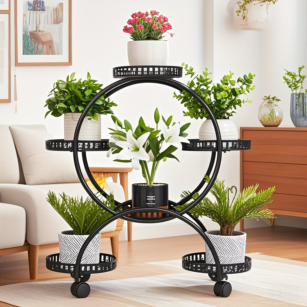 Potted Metal Plant Stand - 6 Garden Cart Wrought Iron Flower Pots Rack Holder Display Shelf with Wheels Patio Porch Balcony Dec