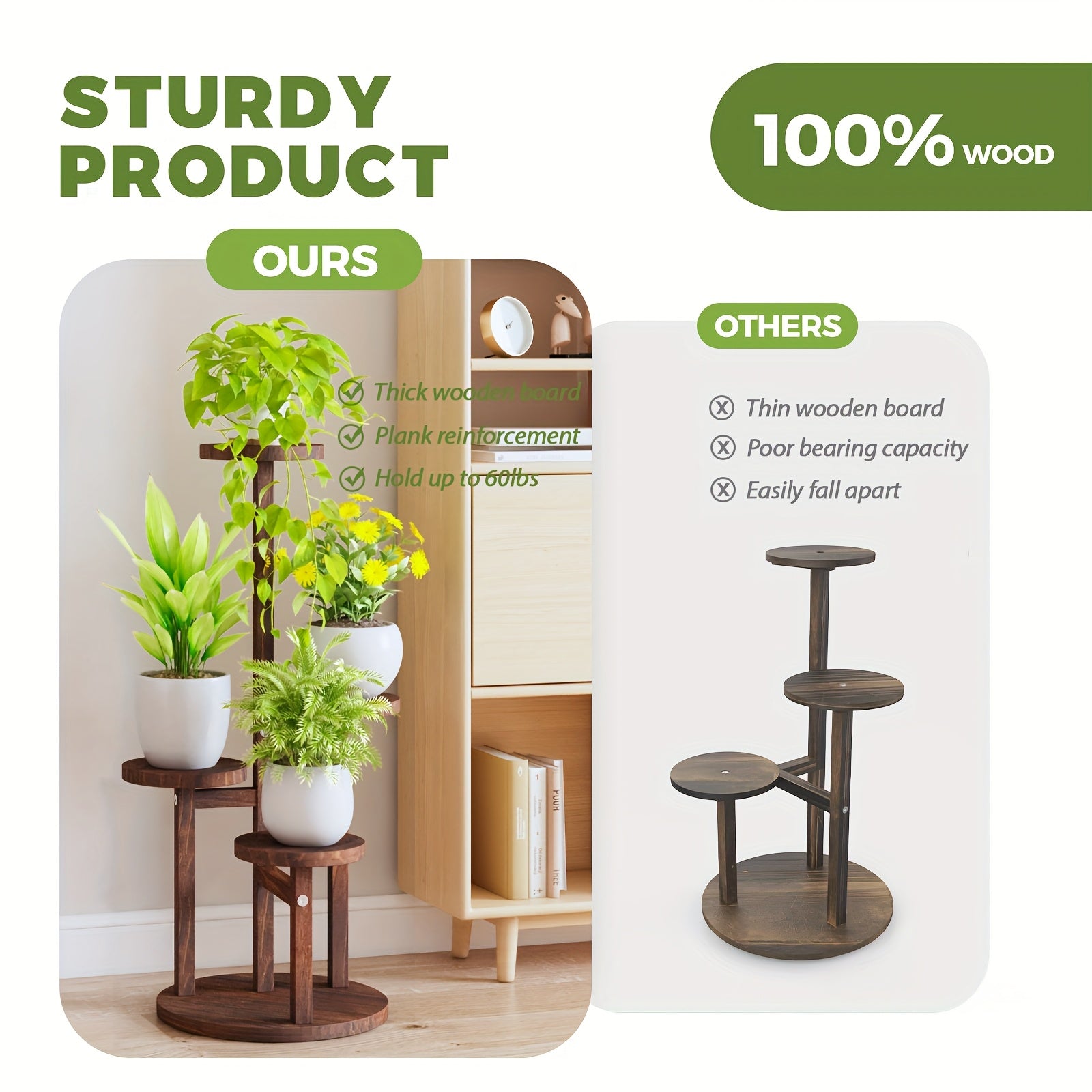 BF 5 Tiered Tall  , Wood  Shelf Corner Display Rack, Multi-tier Planter Pot Holder Flower Stand, for Indoor Living Room Balcony Garden