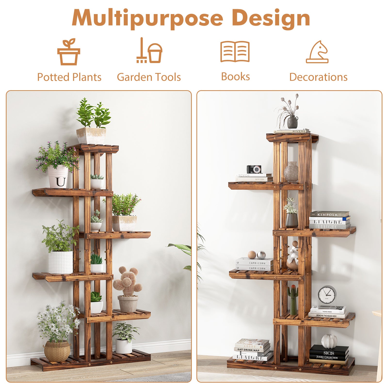 COSTWAY -Tier Wooden  Stand - Sturdy Fir  \u002FOutdoor Flower Rack with 6 Shelves, Easy Assembly  Balcony, , Living Room - Space-Saving Vertical Design for Multiple Pots, Indoor Plant Display, Natural Wood Finish, Durable Construction, Home