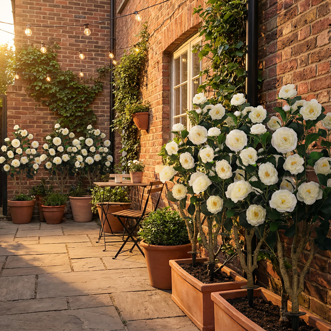 Realistic Artificial Camellia Tree with White Flowers & Green Leaves - 39.37inch Tall Faux Flowering Tree Suitable for Indoor\u002FOutdoor Use, Easy-Spike Base Installation, Low-Maintenance Year-Round Beauty - Plastic for Home, Garden,, Events