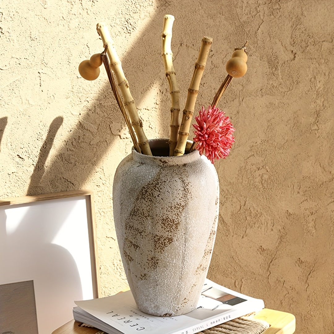 1pc Vintage American Rustic Distressed Stoneware Vase | Large Ceramic Flower Pot For Arrangements | Zen-Style Decor For Entryway, Living Room & Outdoor Spaces