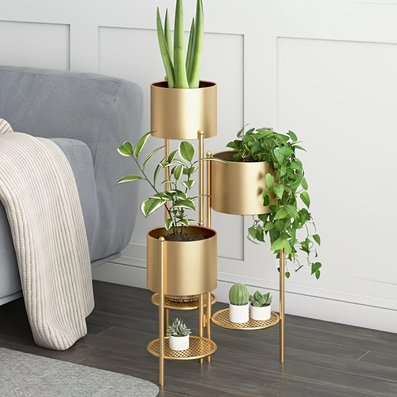 Tier Golden Flower Pot - -Tier Golden Stand with 3 Built- Pots & Mesh Trays | Foldable Corner Flower Pot Holder for Indoor\u0
