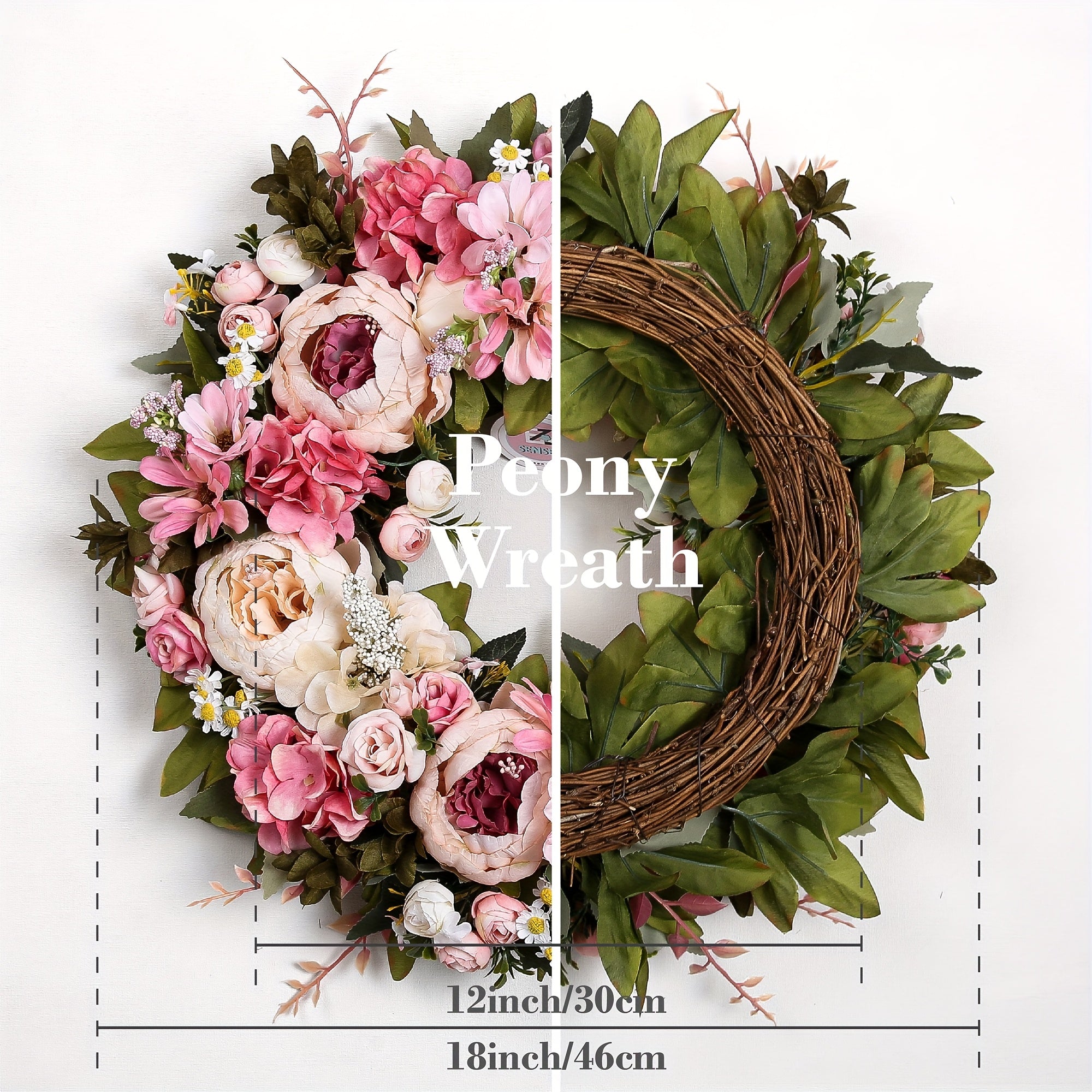 Peony Wreath 18'' Pink Elegant Spring Wreaths for Front Door, Artificial Large Floral Wreath for Wall Home Decor, Indoor Outdoor Window Decor Door Wedding Birthday Party Decoration