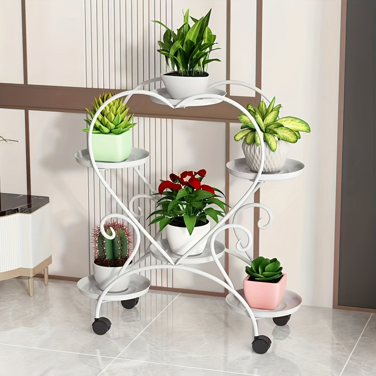 Contemporary Heart-Shaped Metal  Stand - -Level Hanging Planter Shelf With Multiple Components, Versatile Indoor And Outdoor Floral Decor
