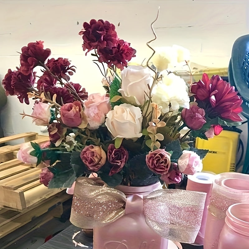 Christmas 7 Branches 21 Heads Artificial Rose Bouquet Artificial Flowers for Valentines Day Wedding Decorations, Mini Rose for DIY Wedding Valentine's Day Bouquets Centerpieces Bridal Party Home Room Decor, Pack Of 2