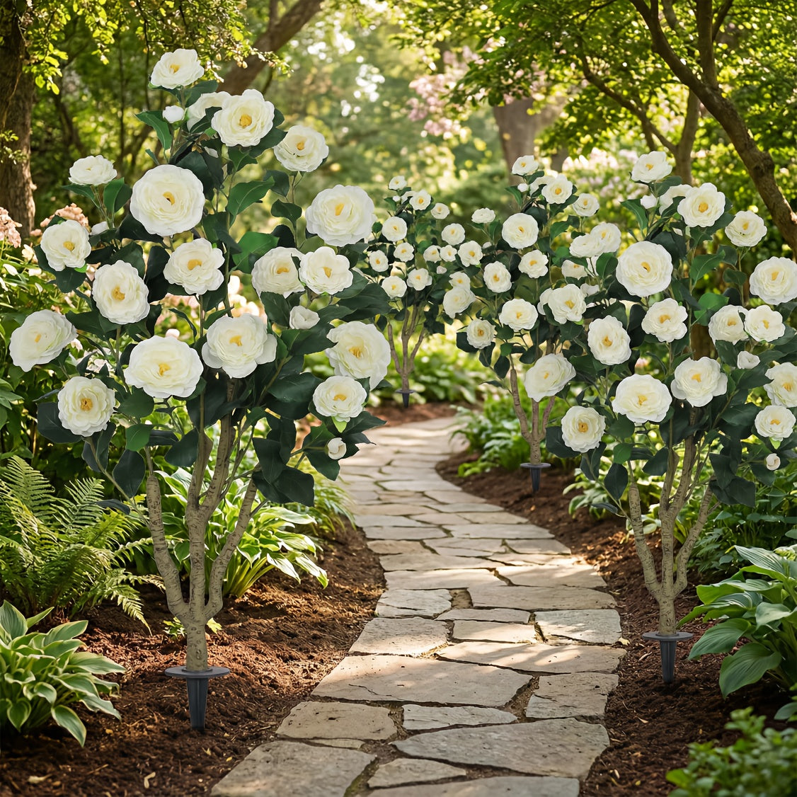 Realistic Artificial Camellia Tree with White Flowers & Green Leaves - 39.37inch Tall Faux Flowering Tree Suitable for Indoor\u002FOutdoor Use, Easy-Spike Base Installation, Low-Maintenance Year-Round Beauty - Plastic for Home, Garden,, Events