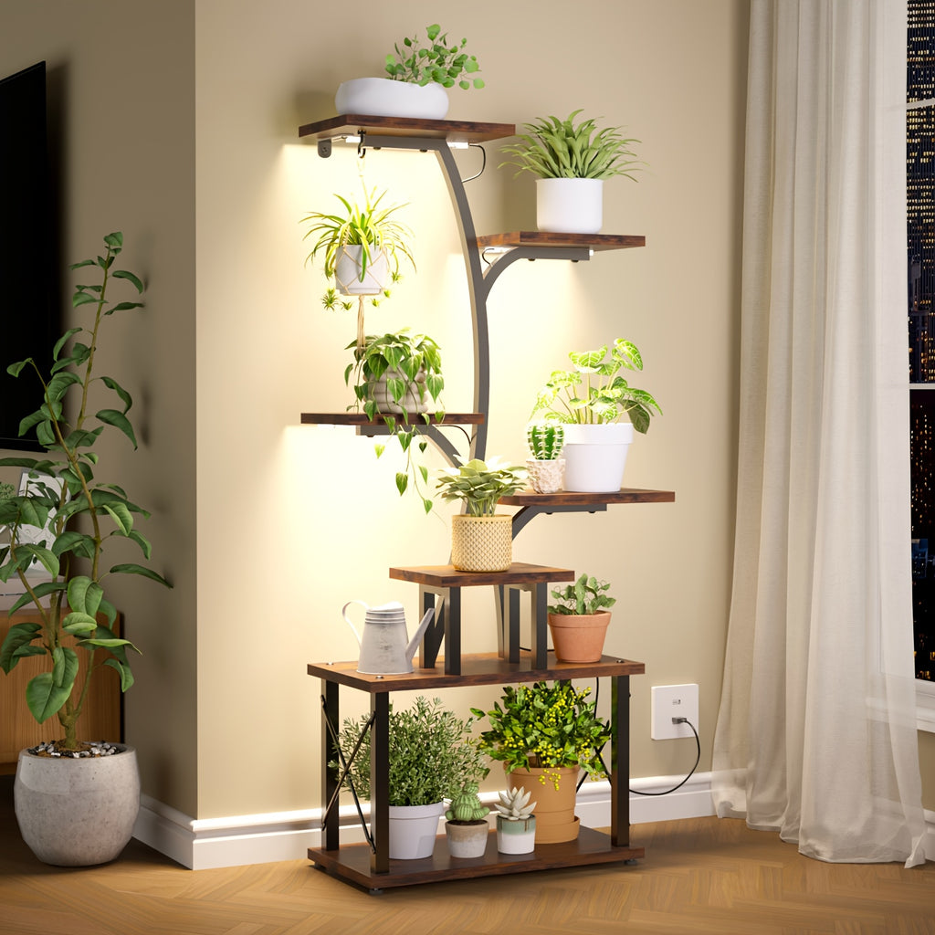 TOMNK  , Outdoor  Rack,    with Grow Lights, 50'' Tall Corner  Shelf, 7-Tiered Metal Flower Holder  Various Indoor Plants, Illuminated Tree-Shaped Plant Display Stand for Home, Patio,
