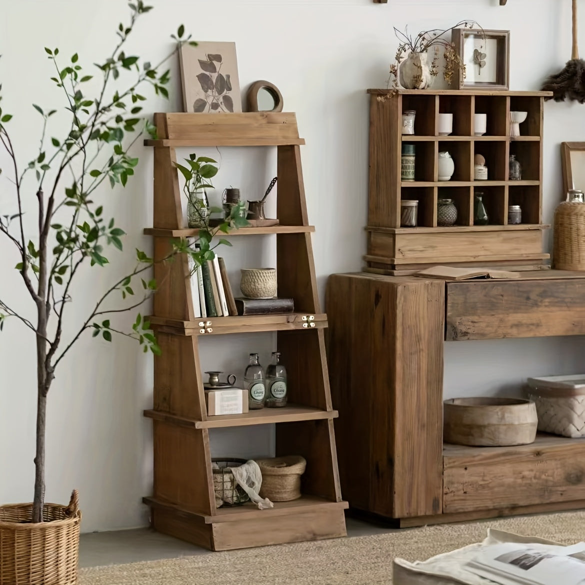 4-Tier Folding Ladder Shelf - Rustic Brown   Multi-Purpose Storage Rack,  Stand, Bookshelf,  Planter Holder. Ideal For Homes, Bedrooms, Living Rooms, Balconies, And Courtyards. A Versatile Shelving Unit Crafted From Solid