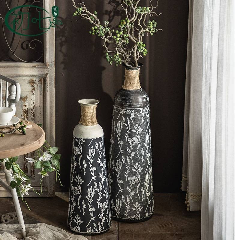 Living Room Hotel Entrance Decoration Ornaments BB Illustration Round Bottle American Iron Print Retro Floor - Standing Vase